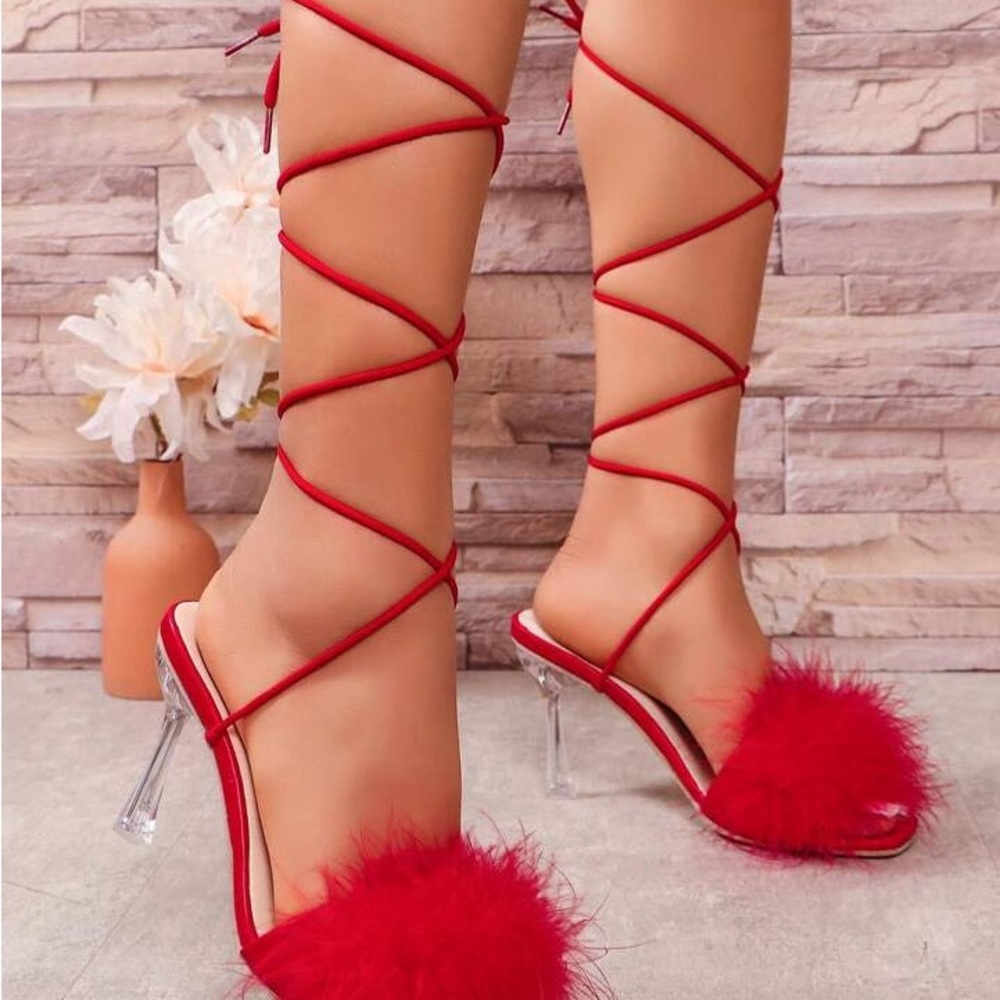 SHEIN Red Lace-Up Stiletto Heels with Pom-Pom